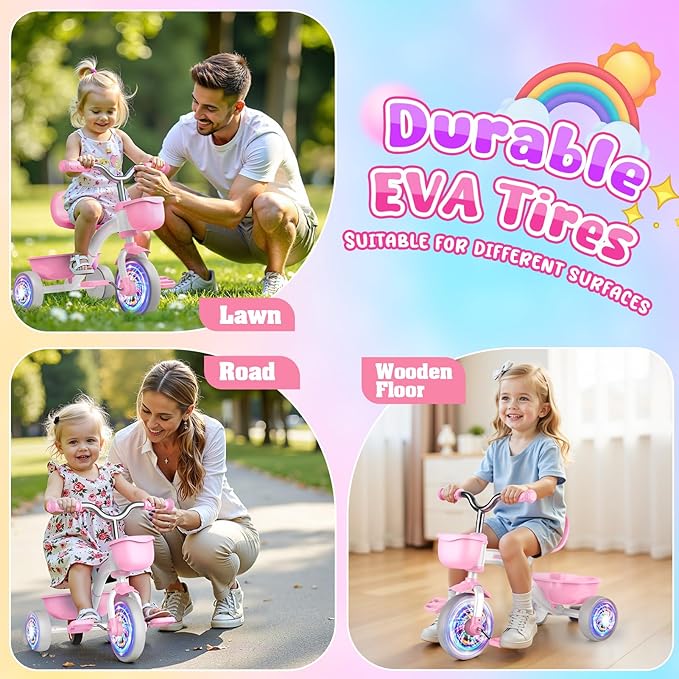 Toddler Tricycle for 1-3 3-4 Year Olds, Toddler Toys Baby Bike, Toys for Ages 2-4, 3-Level Adjustable Seat, 3 Colorful Lighting Wheels, 2 3 4 Year Old Girl Birthday Gifts Pink