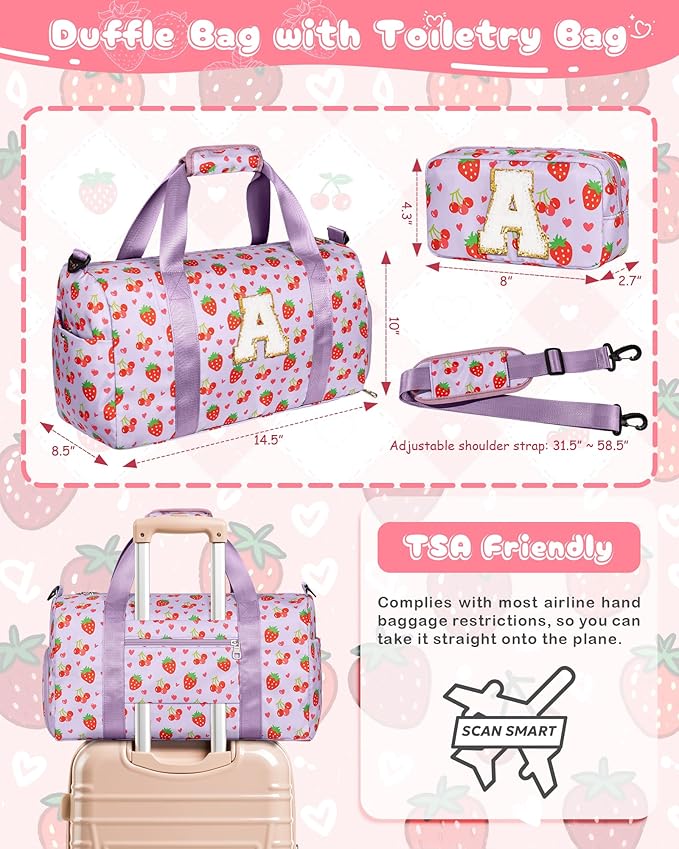 Christmas Stocking Stuffers Idea for Girls Kids, Initial Duffle Bag, Cute Dance Bag with Makeup Pouch, Birthday Gifts for 3 4 5 6 7 8 9 10 11 12 13 Year Old Girl, Preppy Trendy Stuff