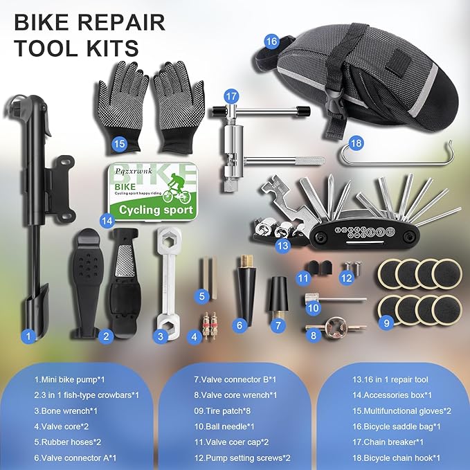 Bike Repair Kit with 120 PSI Mini Pump, 16-in-1 Multitool, Chain Tool, Tire Levers & Glueless Patches, Presta/Schrader, Under-Seat Saddle Bag — 27-Piece Bicycle Tool Set