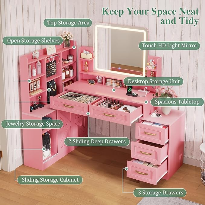 Vanity Desk with Mirror and Lights,Makeup Vanity Table with Lights & 5 Drawers,Makeup Desk with Charging Station & Cabinets Adjustable Width, Modern Dressing Table for Bedroom,Pink