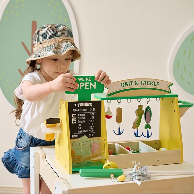 Teamson Kids Fishing Shop Playset with Cash Register & Scanner, Wooden Role Play Counter for Toddlers, Pretend Market Toy with Fish & Accessories, STEM Gift for Ages 3+
