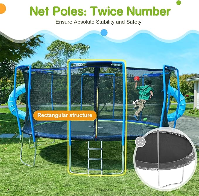 Zupapa No-Gap Design 16 15 14 12 10FT Trampoline with Safety Enclosure Net and Non-Slip Ladder 10-Year Quality Assurance Perfect for Kids Family Outdoor Backyard Fun