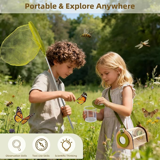 Bug Catcher Kit for Kids, Outdoor Explorer Toy Set with Butterfly Net, Wooden Magnifying Glass & Bug Container &Other Adventure Kit for Backyard Bugs Hunting and Camping Gifts for Boys Girls Age 3-12