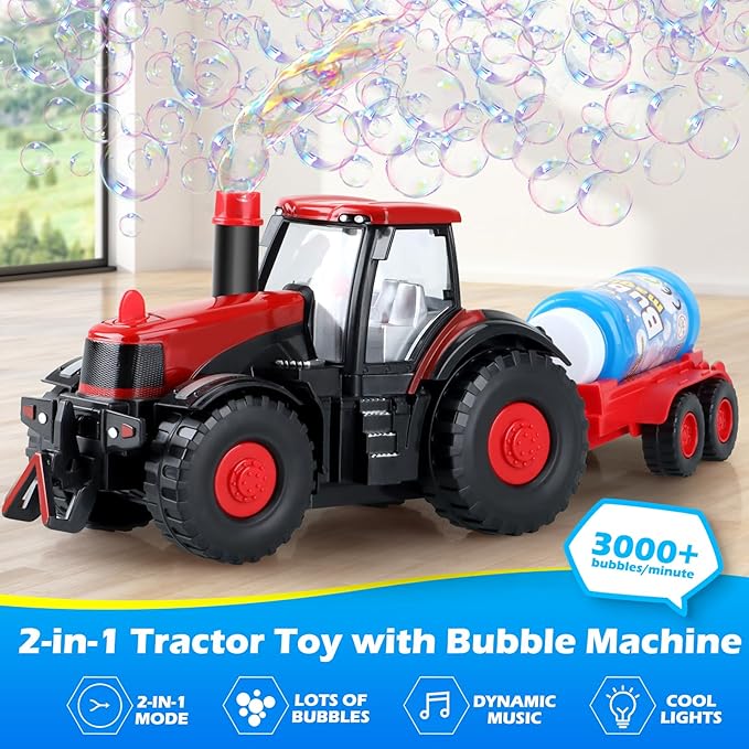 Tractor Bubble Machine for Kids 3 4 5 6 Years Old Boys: 2 in 1 Farm Tractor Toy Automatic Bubble Blowing with Lights & Sounds, Indoor Outdoor Toys for Toddlers, Ideal Gifts for 3-8 Year Olds