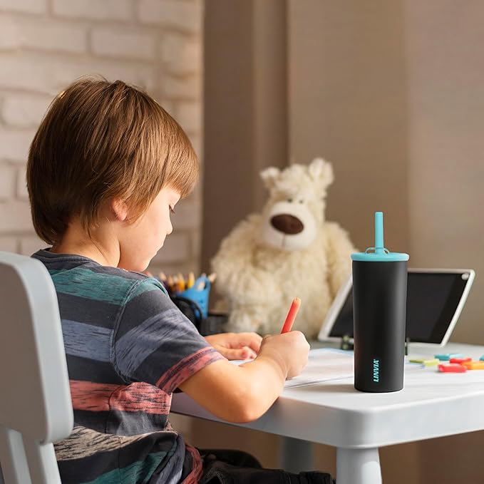 Candy Tumbler, 25 oz Kids Insulated Stainless Steel Water Bottle with Spill Resistant Silicone-Metal Straw and 2-in-1 Lid, BPA-Free, Cup Holder Friendly, Dishwasher Safe, Pastel Pink
