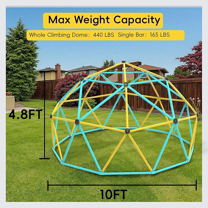 10FT Kids Climbing Dome Outdoor Jungle Gym for Kids, Geometric Dome Climber Anti-Rust Metal Outdoor Playset Equipment Structure ASTM Approved Blue & Yellow