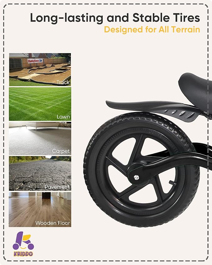 KRIDDO Kids Balance Bike for 2-5 Years, with Front Light, Upgraded Tires for All Terrain, Upgraded Bearing for Smooth and Stable Riding, Front and Rear Fenders, Adjustable Seat