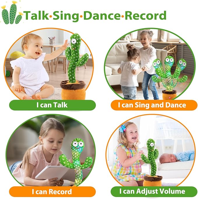 Talking Dancing Cactus Plush Toy for Baby Toddler 6-18 Months - Volume Adjustable Mimicking and Singing Cactus with Music & Light - Funny Birthday Gifts for 1 Year Old Boy Girl