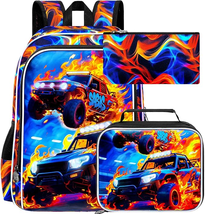 17" Monster Truck Backpack for Boy, 3Pcs Fire Bookbag for Elementary Preschool Kindergarten, Kids School Backpacks with Lunch Box (Red)