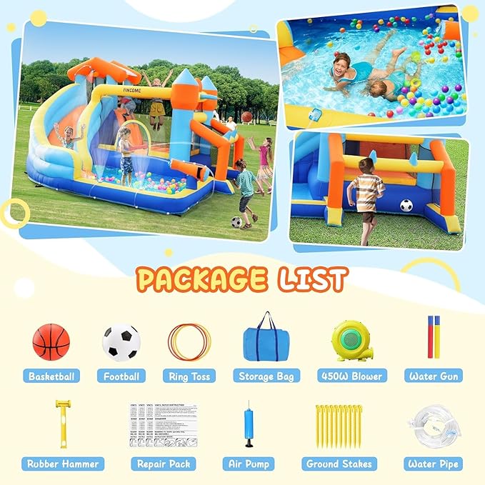 Bounce House, Inflatable Bounce House with Water Slide for Kids Indoor & Outdoor, Bouncy Castle with Football Frame, Water Cannon, Basketball Hoop & Ring Toss, Water Slides for Kids Backyard