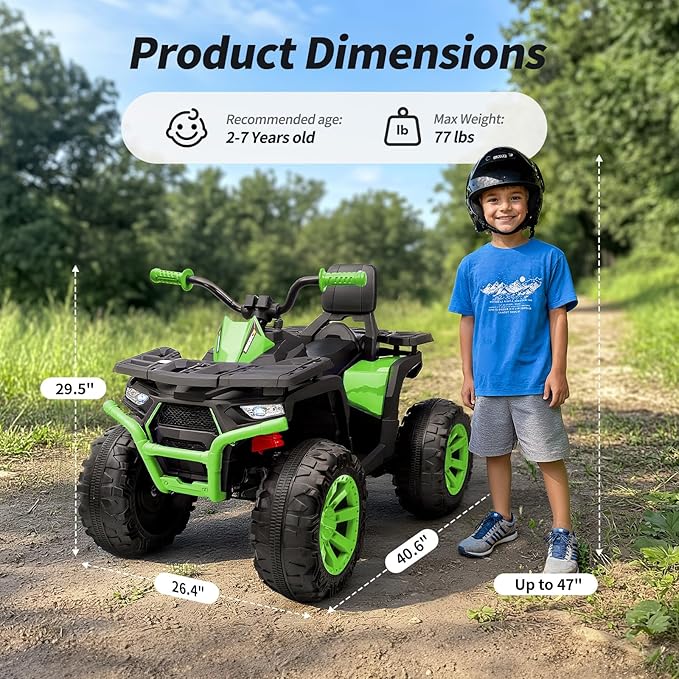 12V Kids 4 Wheeler ATV, 2-Seater Electric ATV Four Wheeler for Big Kids with Bluetooth, 14.4" Big Wheels - Green