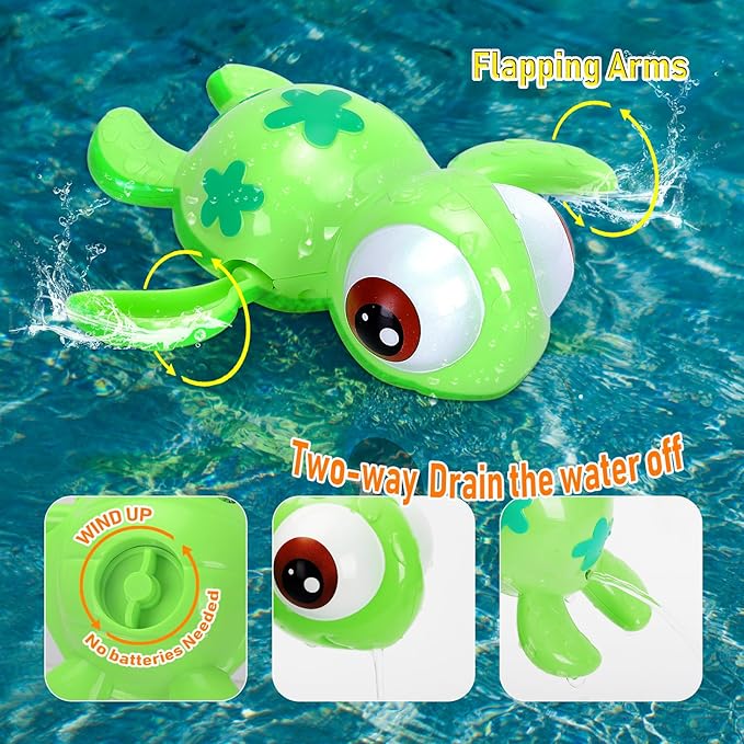 Bath Toys Set for Toddlers 1-3 Kids 4-8, 3Pcs Wind Up Swimming Turtle Water Toys with 1Pcs Shark Fishing Net, Floating Wind Up Turtle Bathtub Toys for Boys and Girls