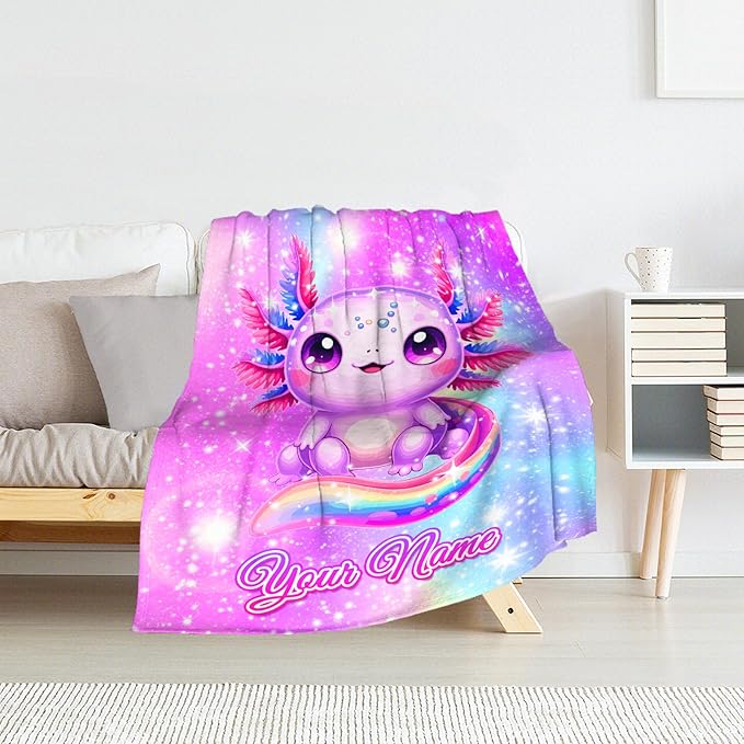 Personalized Axolotl Blanket for Girls - Soft Fuzzy Plush Throws Gift - Pink Cute Throw Blanket Gifts for Sofa, Couch