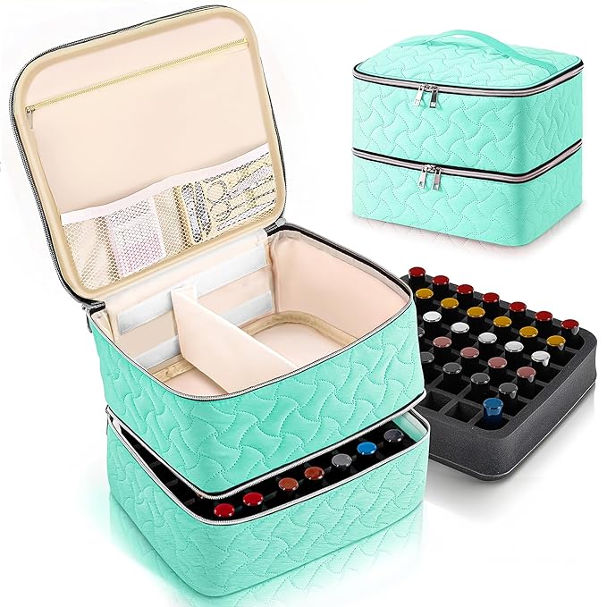 DreamGenius Nail Polish Organizer Case Holds 42 Bottles, Portable Double-Layer Nail Polish Storage Bag with Adjustable Dividers for Manicure Tools, Green