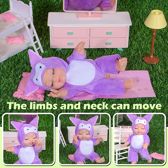 4 Pcs 7 Inch Baby Dolls with Adorable Animal-Themed Outfits - Cute PVC Infant Figurines Set in Yellow Chick, White Bunny, Pink Bunny & Purple Koala Costumes - Gift for Girls 3+