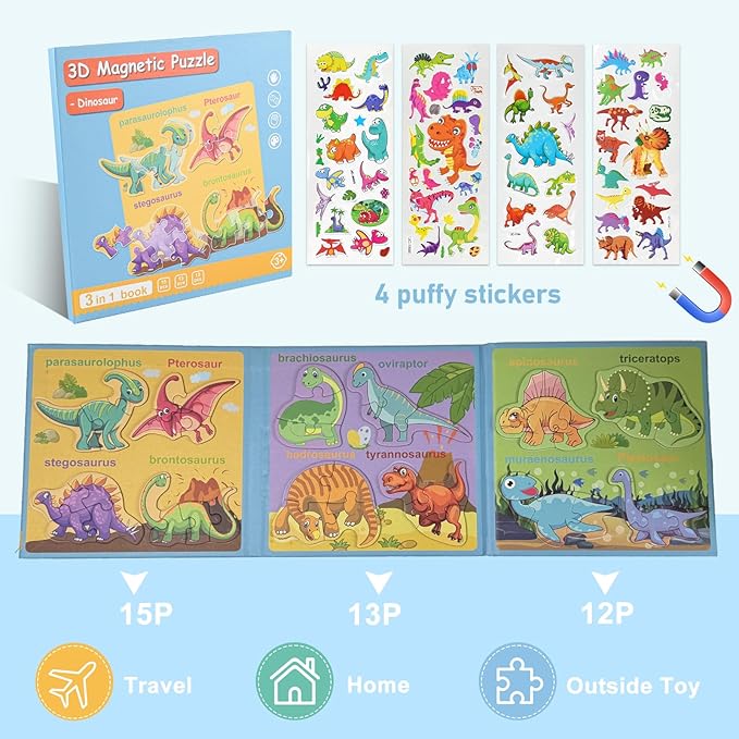 ASTARON 3D Magnetic Dinosaur Puzzle with 80 Puffy Stickers for Toddlers, Dino Magnets for Toddlers 1-3 Preschool Education Learning Travel Toys Car Plane Activities for Kids Road Trip Birthday Gifts