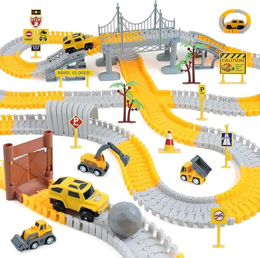 BEMITON Construction Race Track Toys for Kids - Birthday Gift for 3 4 5 6 7 Year Old Boys, 330+ PCS Track Playset with Electric Cars and Construction Trucks, DIY Engineering Road Building Sets