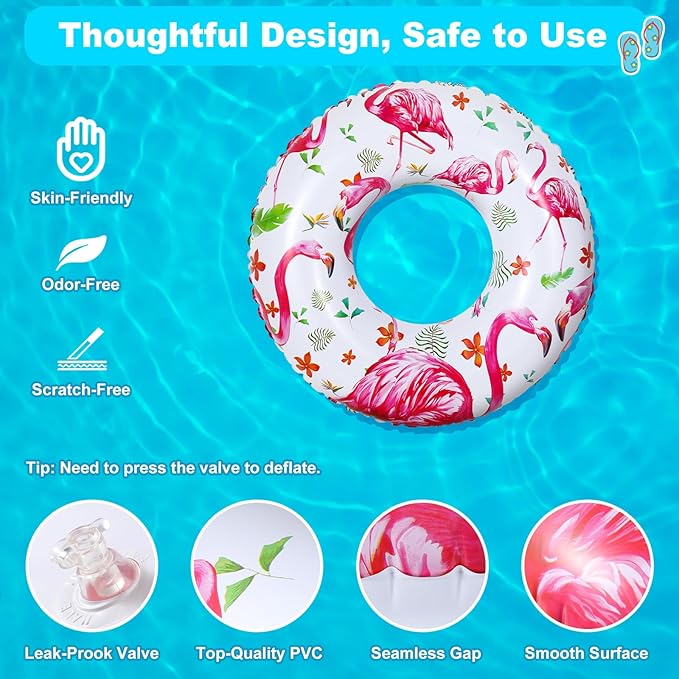 HeySplash Cartoon Swim Ring, Inflatable Durable Round Shaped Flamingo Summer Pool Beach Party Swimming Float Tube Water Fun Swim Pool Toys with Repair Patch for Adults,80cm Diameter, White+Pink/Yellow