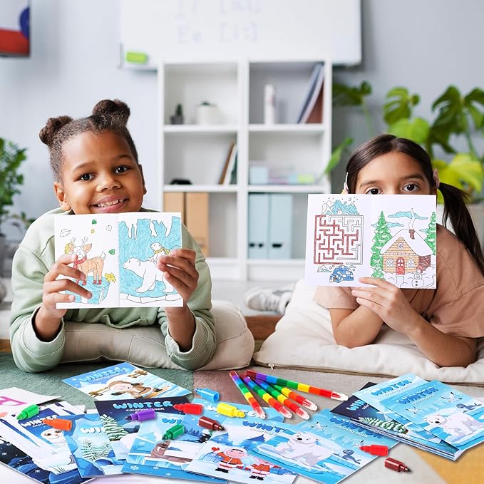 BenLouis 12 Winter Mini Coloring Books Kids with 12 Stacking Crayons Polar Animals Party Favors Small Activity Books Bulk for Kids Winter Holiday Party Gift Goodie Bag Stuffers