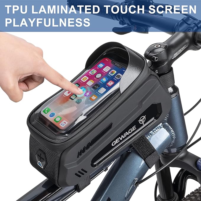 GEWAGE Bike Front Frame Bag with Phone Holder - Top Tube & Handlebar Bags for Mountain & Road Bikes