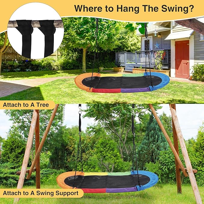 RedSwing 65" Saucer Swing for Kids, Giant Platform Swing for Outdoor Playground, Flying Oval Surf Swing Strong Heavy Duty, 500lbs Weight Capacity, Easy to Asssemble, Rainbow