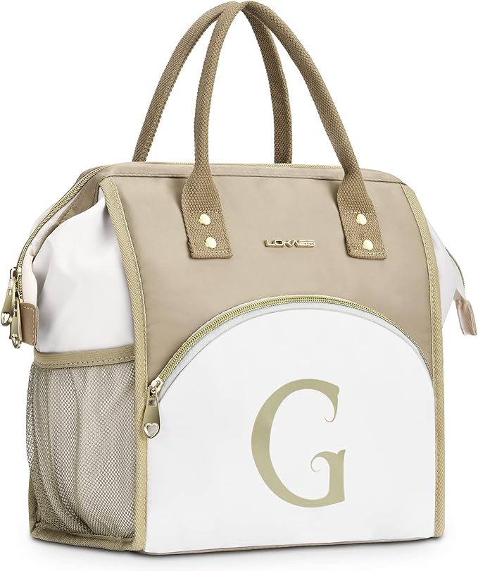 Personalized Lunch Box for Women, Initial Reusable Insulated Lunch Bag, Wide-Open Adult Lunchbox Cooler Lunchbag, Leakproof Lunch Tote for Picnic Work Outdoors, Christmas Gift for Women, Brown - G