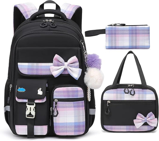 School Backpack for Girls Kids Bookbag for Elementary Middle School Casual Travel Daypack Teen Backpacks Black Set