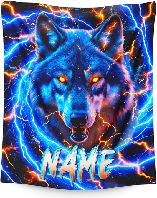 Personalized Wolf Blanket for Boys, Throw Blanket with Custom Name for Kids Son 30x40 Inches Small Lightweight Soft All Season Throw for Sofa Chair Trip Car Office