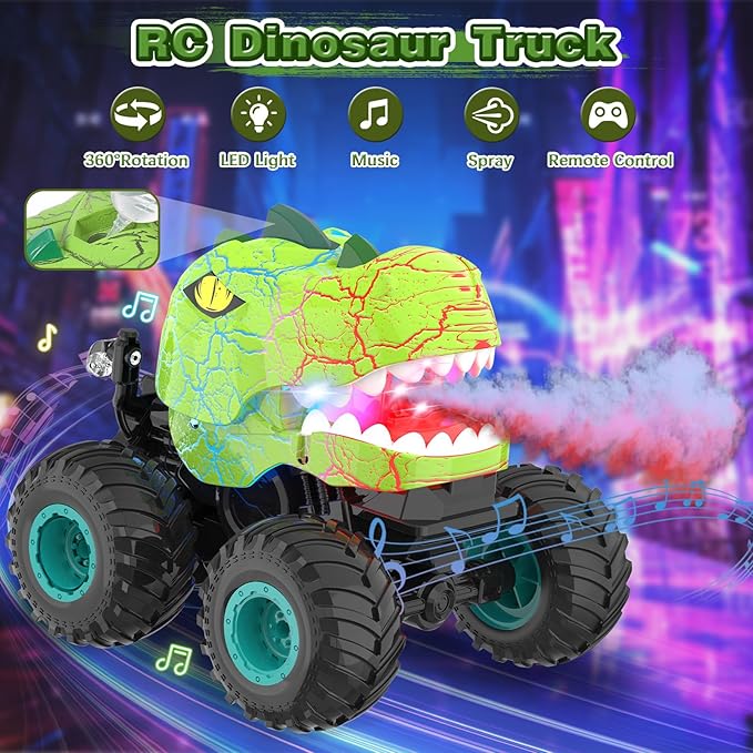 Monster Truck Toys - Remote Control Monster Truck with Spray & Light, Dinosaur Toys for Kids 5-7, 1:20 Scale 2.4 GHz RC Truck, 360° Spins Remote Control Car for Boys 4-7, Kids Christmas Birthday Gifts