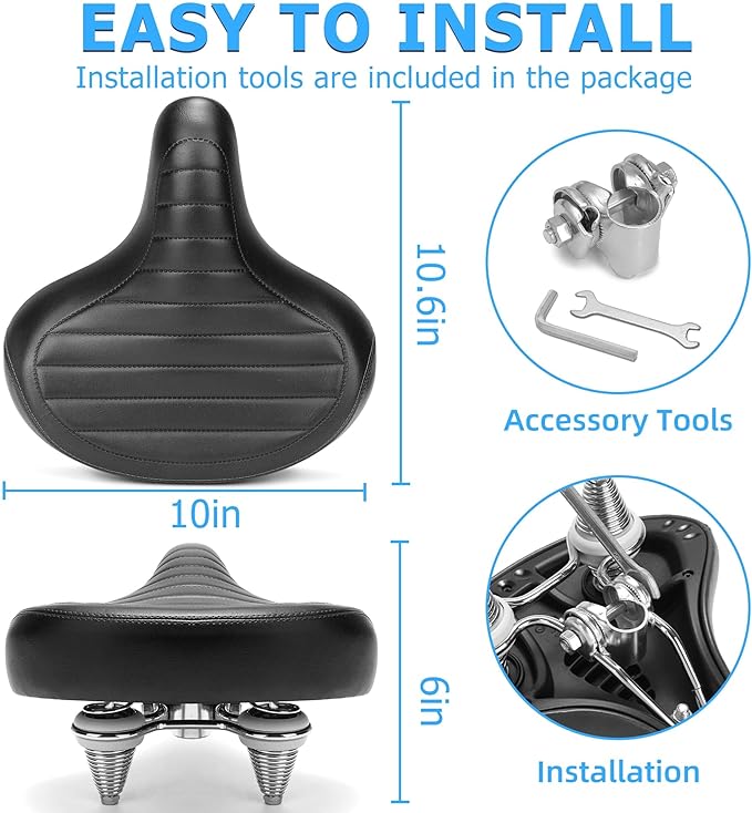 Wide Bike Seat for Men Women Comfort, Large Soft Padded Bicycle Seat Cushion, Oversized Comfortable Replacement Saddle for City & Mountain Bicycle, Beach Cruiser, Ebike, Scooter, Stationary Bike