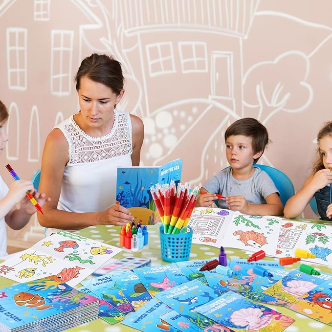 BenLouis 12 Under the Sea Mini Coloring Books Kids with 12 Stacking Crayons Ocean Animals Party Favors Small Activity Books Bulk for Kids Fish Birthday Party Gift Goodie Bag Stuffers