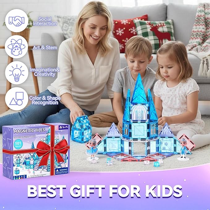 Princess Castle Magnetic Tiles Building Toys Set for Kids Ages 3-5 4-8, STEM Magnetic Blocks with 2 Dolls, Educational Sensory Magnetic Toys Gifts for Toddler Boys Girls Learning Classroom