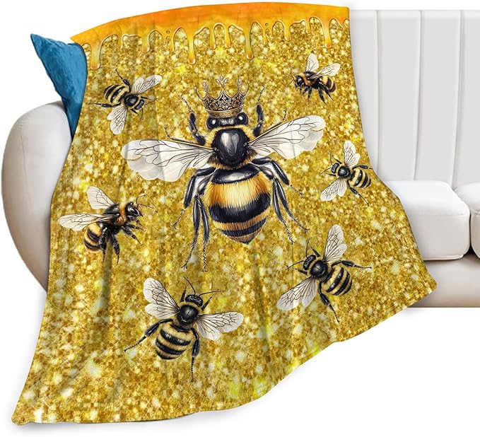 Bee Blanket Fleece Soft Warm Plush Bee Queen Throw Blankets Lightweight Plush Fuzzy Cozy Golden Honeycomb Blanket Gifts for Kids Adults Suitable for Couch Sofa 80"X60"