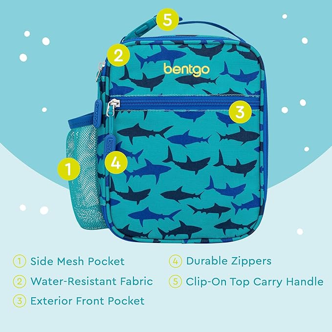 Bentgo® Kids Insulated Lunch Tote - Water-Resistant, Reusable, Lightweight & Durable Lunch Bag with Water Bottle Holder & Mesh Pocket, Fits Lunch Box & Water Bottle - Ideal for Ages 3+ (Sharks)