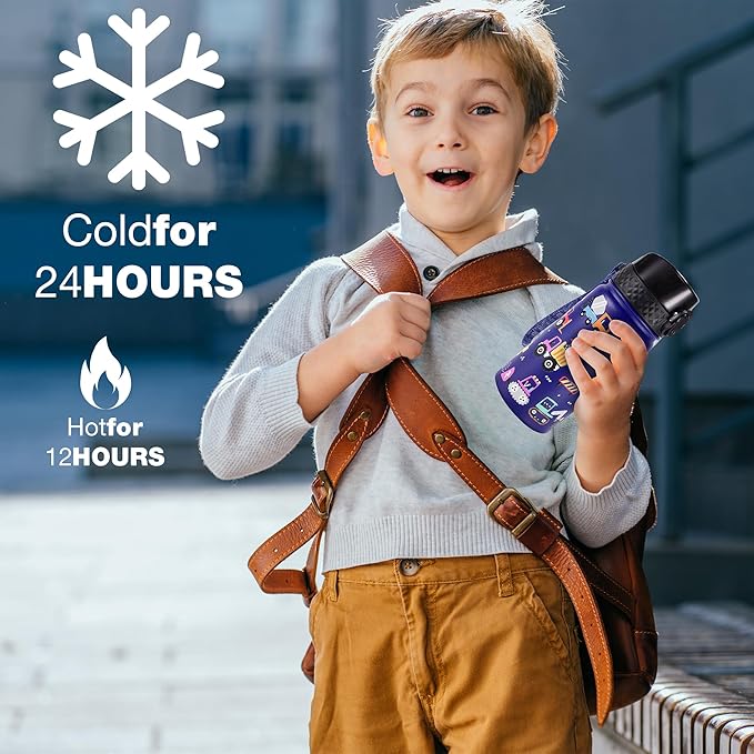 GOPPUS Kids Water Bottle (Straw Lid) - 14 Oz Stainless Steel Travel Bottle, Double Wall Vacuum Leak Proof Kids Cup for School Boys Girls,Blue engineering car