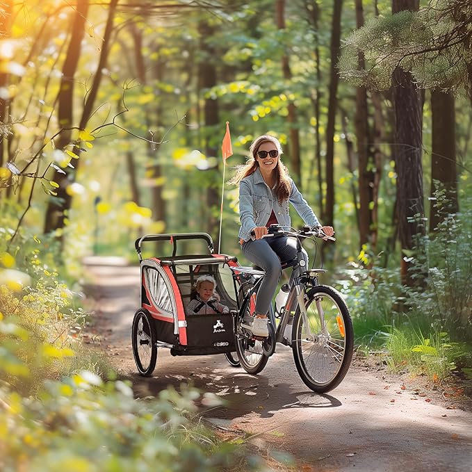 Aosom 3-in-1 Walk/Jog/Ride Child Baby Bike Trailer for Kids 2 Seater, High-Visibility Bike Stroller for Toddler Wagon, Weather-Strong Double Bicycle Trailer Accessory for Kids