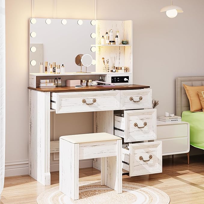 Farmhouse Vanity Desk with Lighted Mirror & Power Outlet, 39 inch Rustic Makeup Vanity Table with Drawers and Stool, Hollywood Mirror with Lights, White Dressing Table for Women Girls Gifts