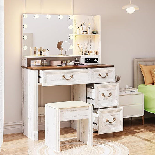 Farmhouse Vanity Desk with Lighted Mirror & Power Outlet, 39 inch Rustic Makeup Vanity Table with Drawers and Stool, Hollywood Mirror with Lights, White Dressing Table for Women Girls Gifts