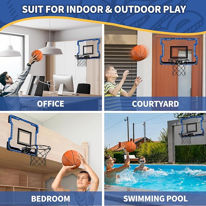 Mini Basketball Hoop Indoor, Door Basketball Hoop with 3 Balls & Inflator, Basketball Toy Gifts for Kids Boys Girls Teens Adults, Suit for Bedroom/Office/Outdoor/Pool, Blue