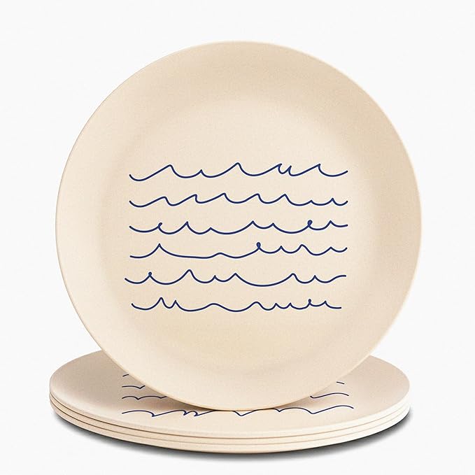 Nook Theory 4 Pack Reusable Bamboo Plates - Non-Toxic Plate, Dishwasher Safe, Not Microwavable Dinnerware (Waves 10")