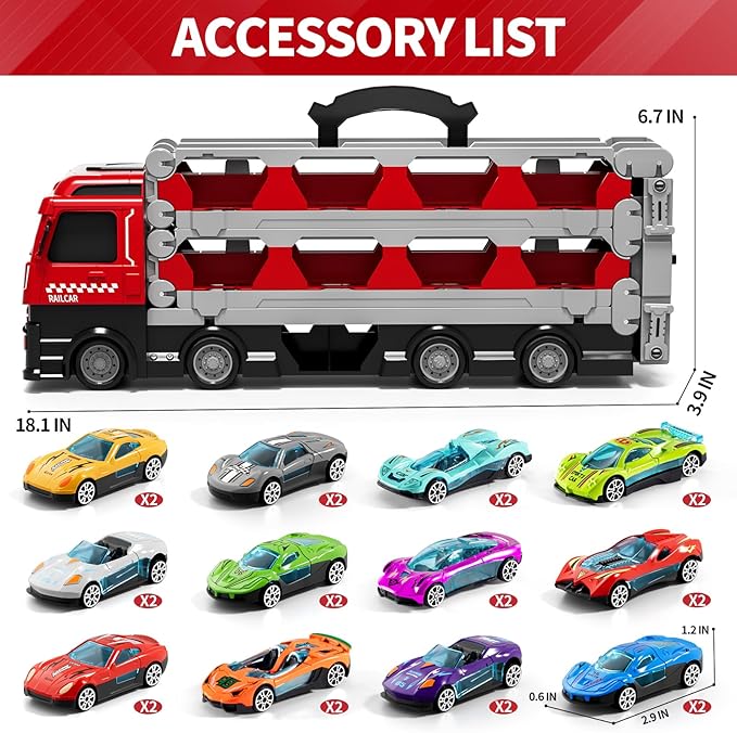 78-Inch Cars Trucks Toys for Toddler 1-3 2-4 3-5 4-7 Years Old Boys Kids, Transport Truck with 24Pcs Die-Cast Cars, Gifts for 3 4 5 6 Year Old Boys, Toddler Boy Toys Ages 3-5 4-7