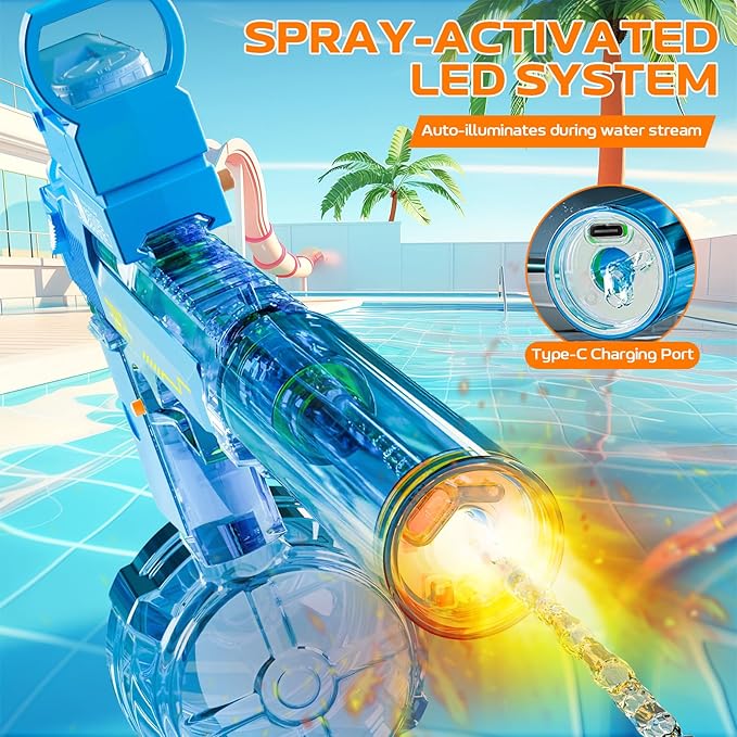 Electric Water Gun for Adults Kids, Automatic Squirt Watergun Pistol with Led Lights, Summer Outdoor Pool Beach Party Toys, Blue