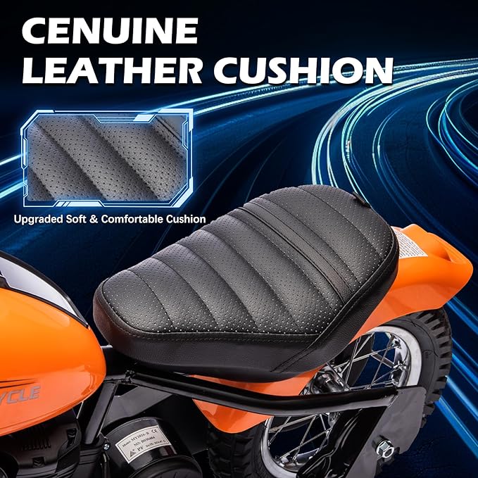 Kids Electric Motorcycle, 24V Electric Dirt Bike for Kids, 250W Motor 14MPH Fast Speed Retro Motocross, Electric Dirt Bike with LED Lights, Leather Seat, Orange