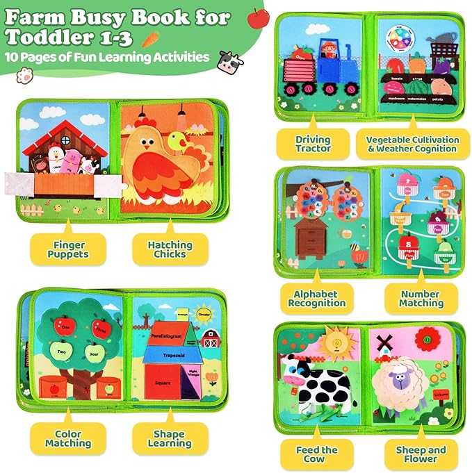 Letapapa Farm Busy Book for Toddlers 1-3, Montessori Toys Gifts for 1 2 Year Old Boys Girls, Educational Learning Toys for 1+ Year Old, Busy Board Quiet Activity Book Toddler Travel Toy