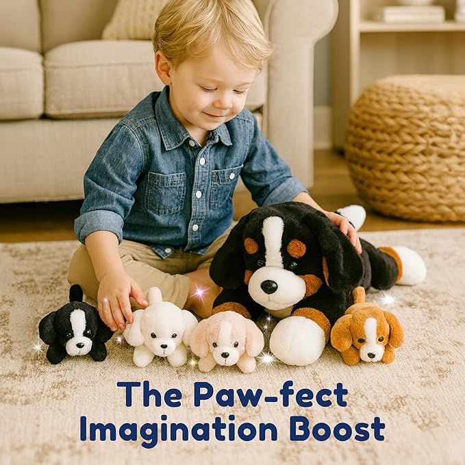 PixieCrush Dog Stuffed Animals - Bernese Mommy with 4 Puppies in Her Tummy - Huggable and Fluffy Dog Plushies for Imaginative Play - Plush Toys Suitable for Kids 3 Years Old and Above - 5" x 10" x 8"