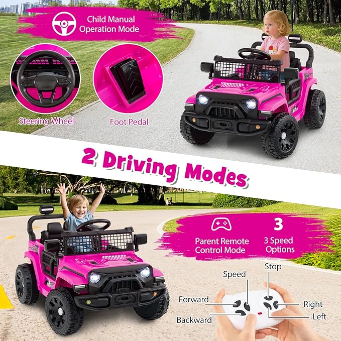 Costzon Kids Ride on Car Truck, 12V Electric Vehicle w/Foldable Mirrors, 3 Speeds, LED Lights, Music & Horn, Ride on Toys Remote Control Car for Toddlers, Boys & Girls (Pink,34" × 23" × 21")