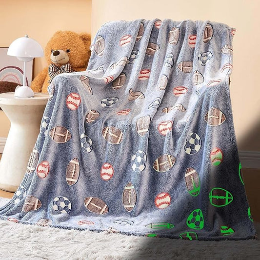 Wajade Sports Balls Gifts Toys for Boys Girls - Glow in The Dark Sports Balls Blanket Birthday Christmas Decor for Kids Age 3 4 5 6 7 8 9 10 11 12 Years Old Teens Child Throw Light Grey 50"x60"