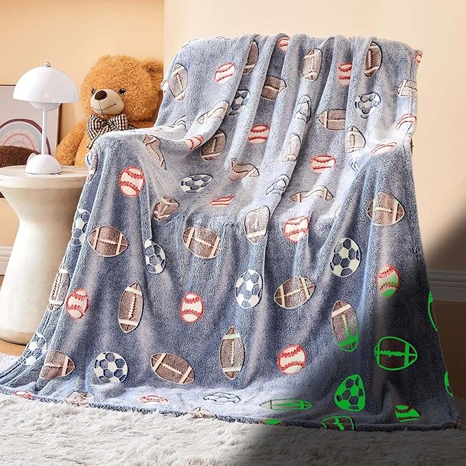 Wajade Sports Balls Gifts Toys for Boys Girls - Glow in The Dark Sports Balls Blanket Birthday Christmas Decor for Kids Age 3 4 5 6 7 8 9 10 11 12 Years Old Teens Child Throw Light Grey 60"x80"