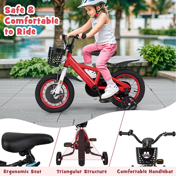 BABY JOY Rabbit Pilot Sporty Kids Bike, 12 14 16 18 Inch Child Bike for 3-8 Years Old with Adjustable Height, Training Wheels, Storage Basket, Handbrake & Coaster Brake, Kids Bicycle for Girls Boys