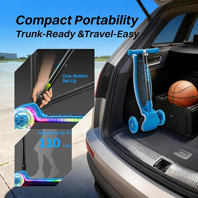 ZIFFY 3-Wheel Light-Up Toddler Scooter for Kids 3-8, Kids Scooter for Boys Girls with 20 Dynamic LED Lights, 4 Adjustable Height Balance Kick Scooter 110LBS, Lean-to-Steer Anti-Slip Wide Deck by JOVA